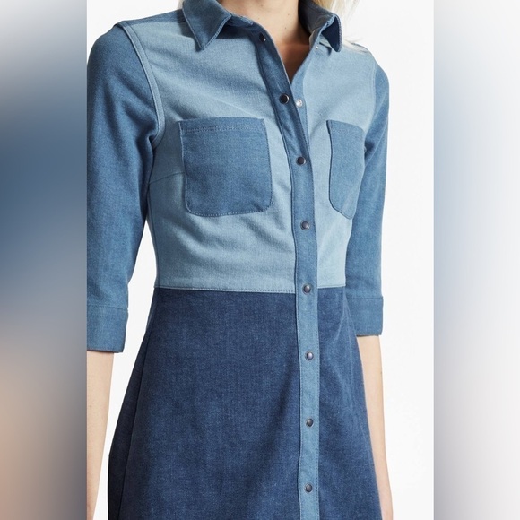 French Connection Edie Denim Shirt Dress 3/4 Sleeve Snap Front Color Block 2 New - Picture 2 of 16